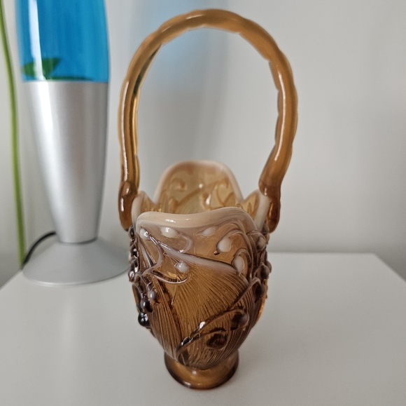 Fenton Amber Cameo Lily of the Valley Basket - Picture 9 of 10